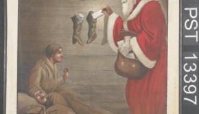 image of a British infantryman discovering Santa Claus in the barn where he is sleeping.