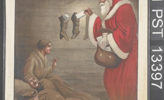 image of a British infantryman discovering Santa Claus in the barn where he is sleeping.