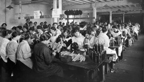 World War One: women factory worker. Stretcher bearers.